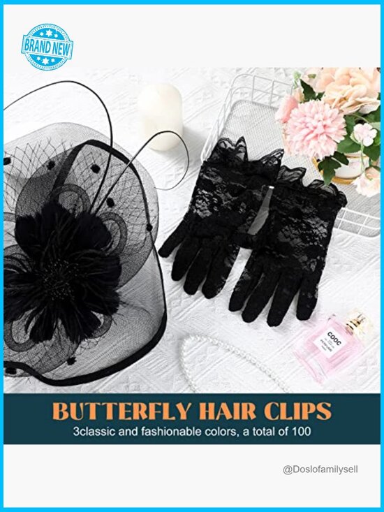 Women\'s Derby Fascinator Set with Feathers Veil Mesh Hat Lace Gloves Pearl main image 6